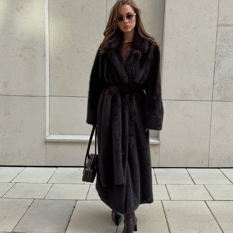 Tuularose kunstbont lange jas dames vetersluiting verdikte lange bontjas jas 2025, winter pluizig pluche warme revers vintage uitloper