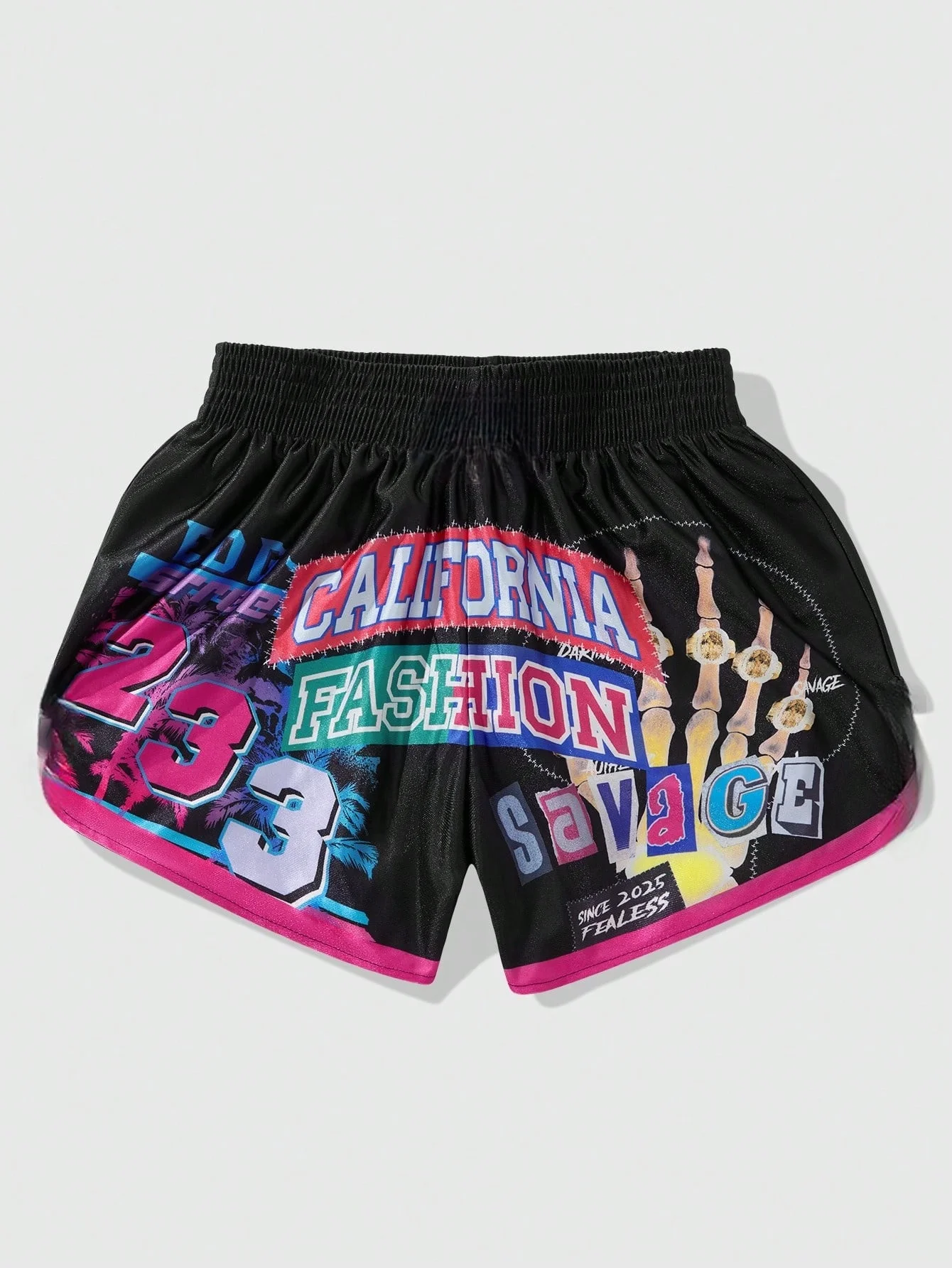 

2026 New Men Women's California Fashion Print Casual Shorts Black with Pink Trim Streetwear Savage Graphic Summer Bottoms