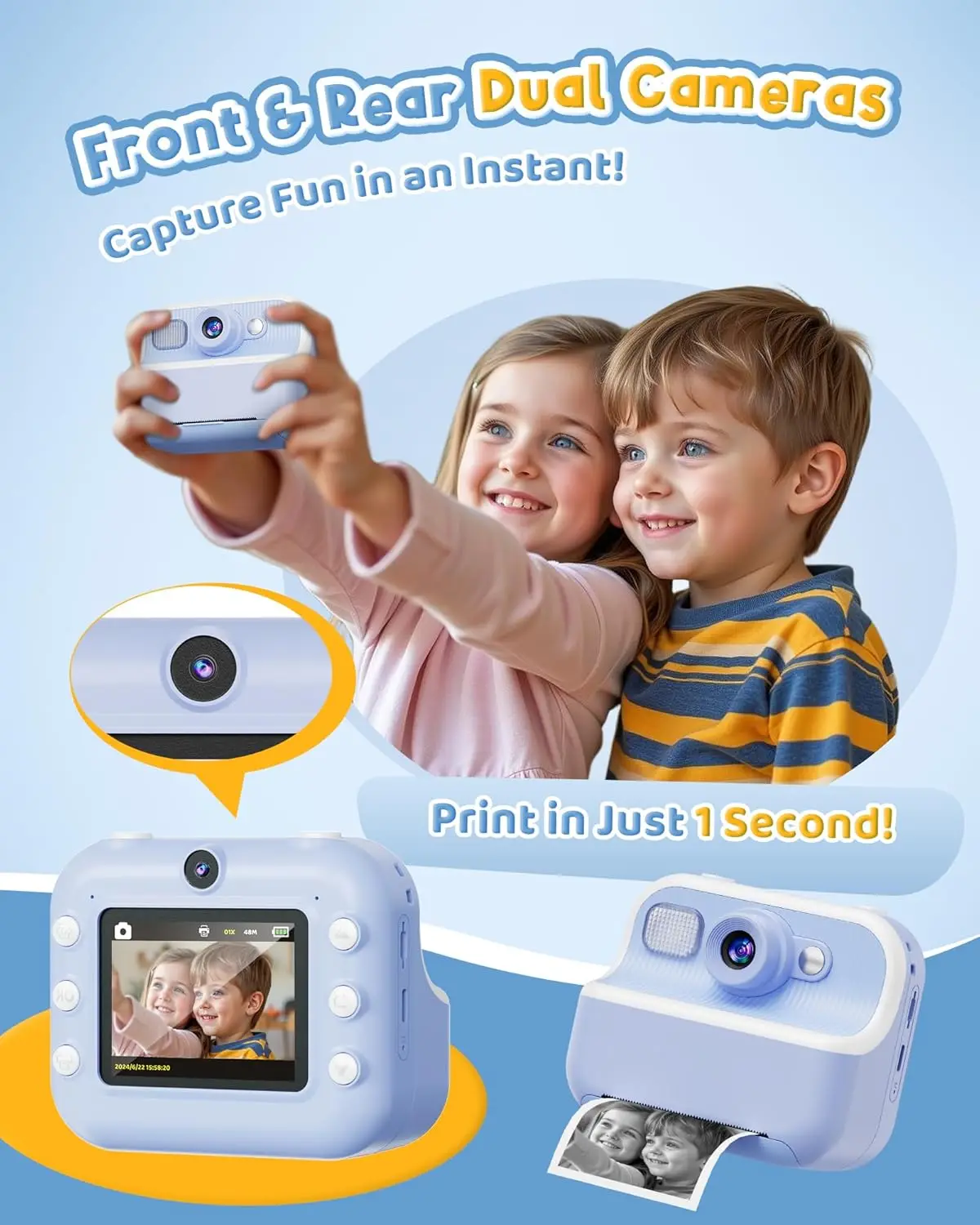 Instant Camera Selfie Kindercamera met 1080P-video's Vakantie Verjaardagscadeaus voor kinderen Leeftijd Draagbare reisprint Digitale camera Speelgoed