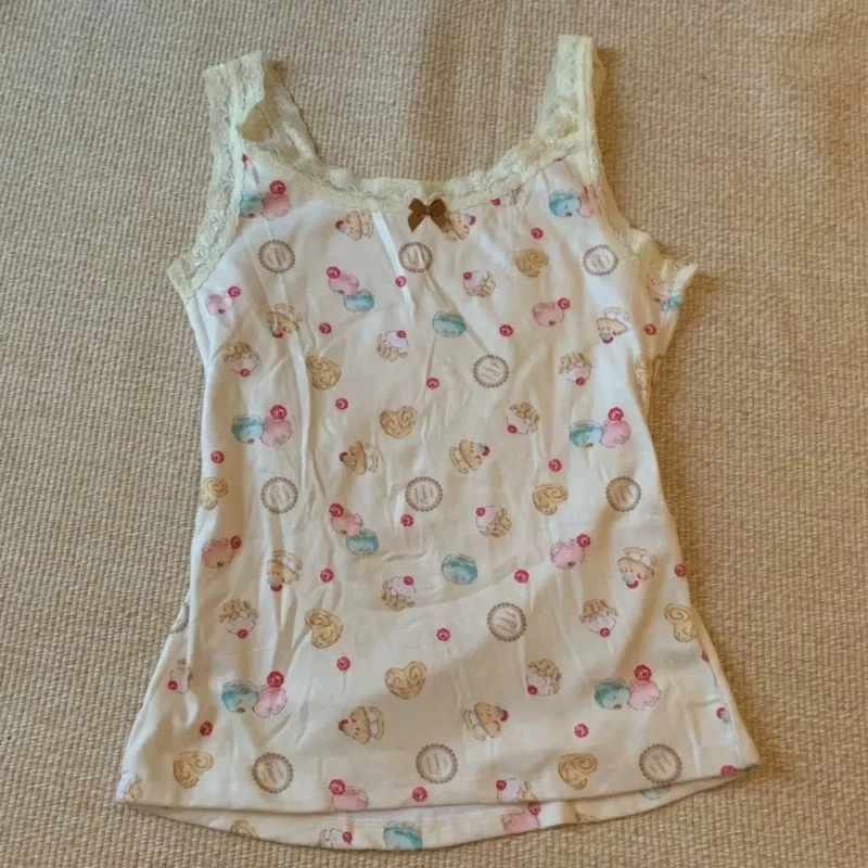 Cake Sweet Lovely Print Women's Clothing Lace Bow Sling Slim All-match Tanks Minority Y2k Goth Hop Casual Moda Tees