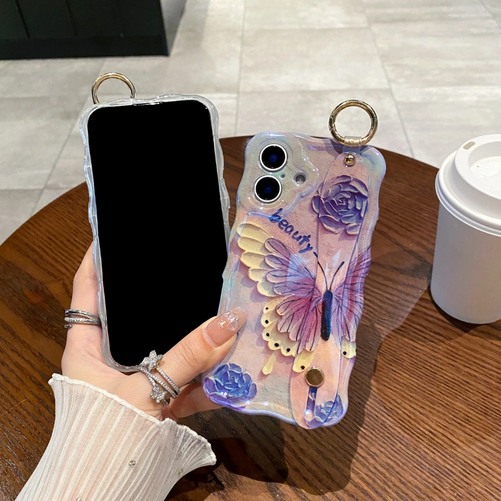 Luxury Laser Painting Bluterfly Wrist Strap Phone Case For Iphone 11 12 13 14 15 Pro Max 16 Plus Shockproof Hand Band Soft Cover