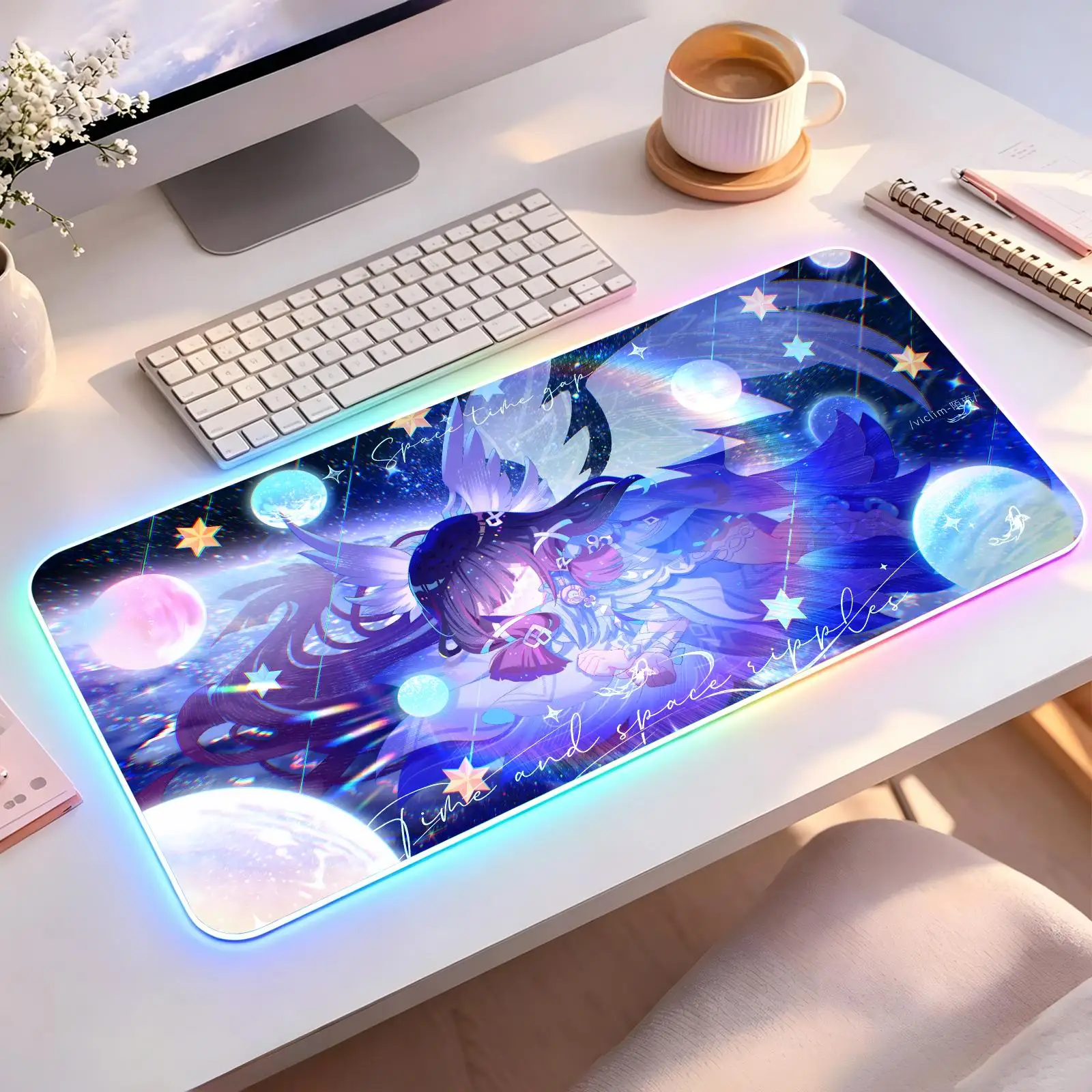 Large RGB backlit esports gaming mouse pad, Genshin Impact Columbina smooth soft cloth surface, LED luminous extended desk mat