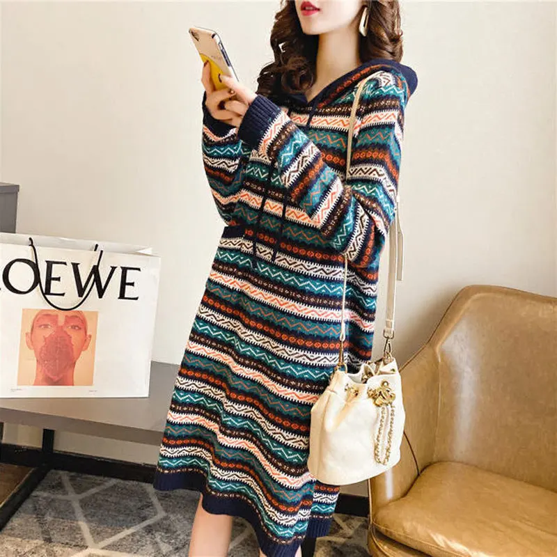 Vintage Folk Striped Knitted Dresses Female Clothing Casual Hooded Autumn Winter Commute Fashion Drawstring Straight Midi Dress