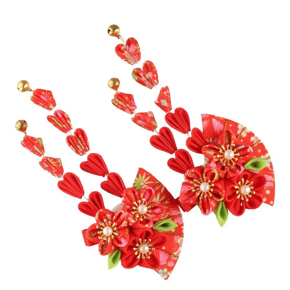 Sweet Tassels Tassel Fan Hairpin Sakura Flower Japanese Kimono Headwear Ancient Style Hairpin Kimono Hair Clip Girls