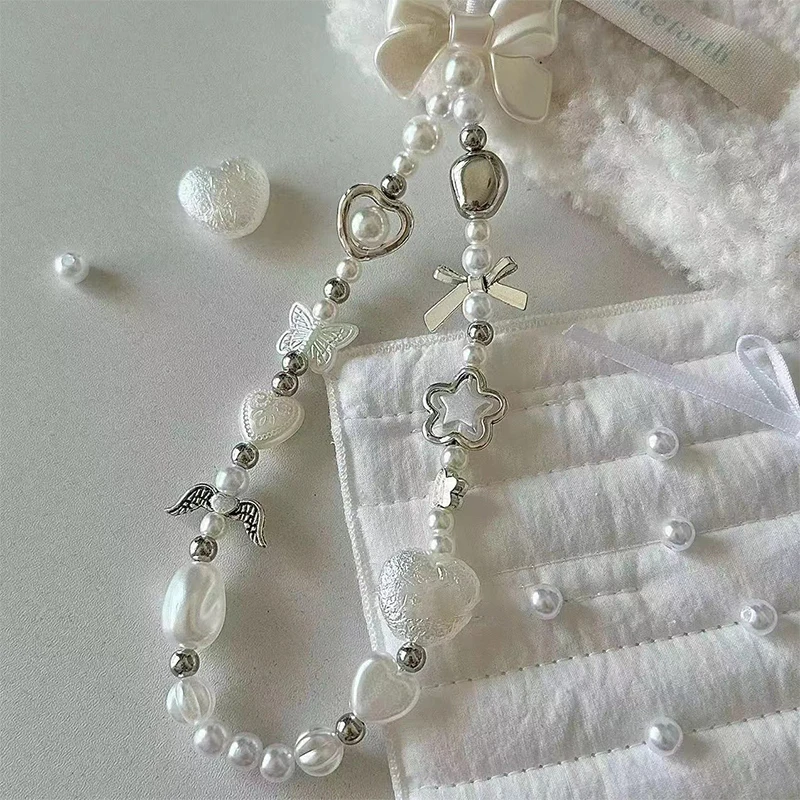 

Cute White Bow Heart Pearl Beaded Phone Chain – Anti-Lost Lanyard For Phone, CCD Camera