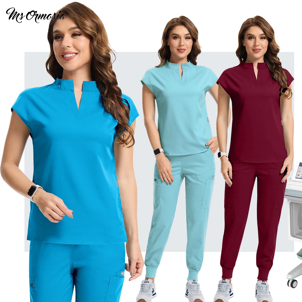 

New Nurse Uniform Women Clinic Scrubs Set Medical Uniforms Stretch Scrub Tops With Pocket Pants Doctor Surgery Overalls Workwear