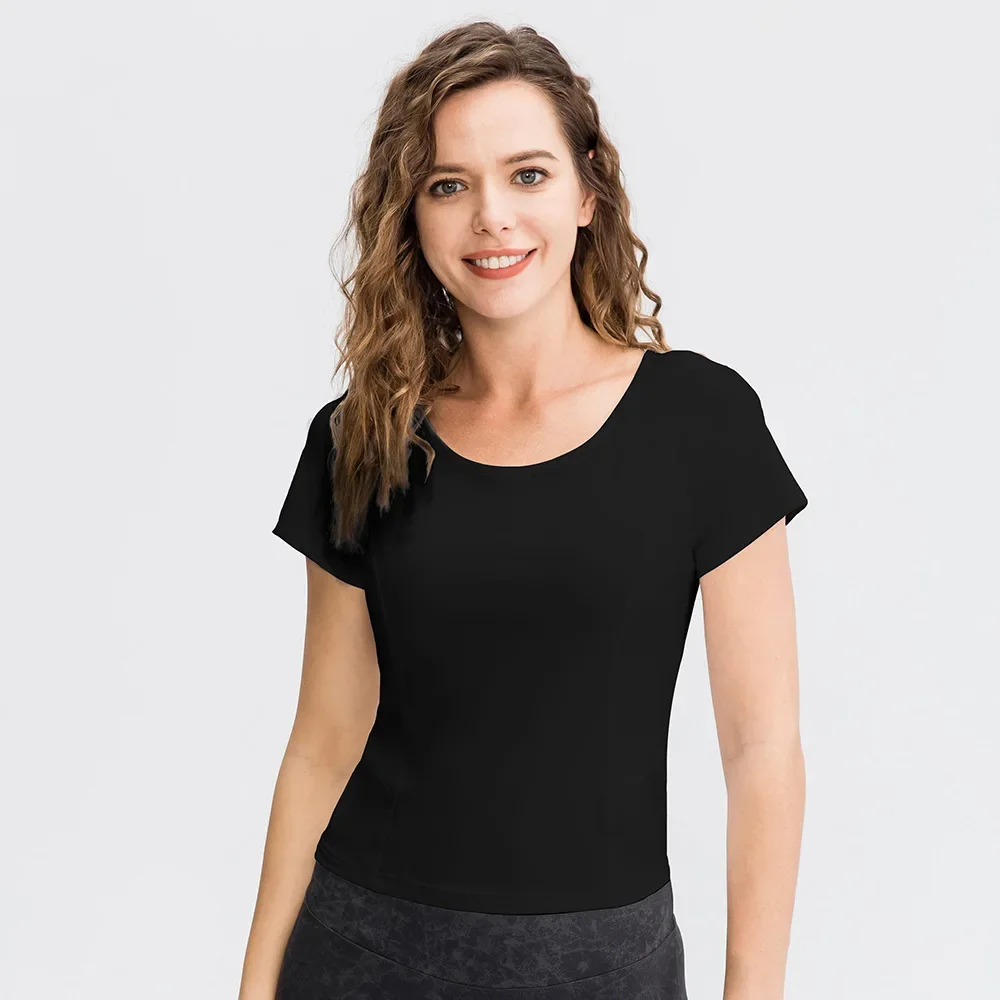 Camiseta de Yoga para mujer, Top corto de manga corta para correr, gimnasio, ejercicio informal elástico, Top deportivo para Fitness