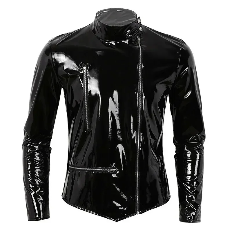 Shiny Patent Leather Shirt Men Wet Look Faux Latex Blouse Sexy Three Zip PVC Jacket Top Stretch Slim PU Long Sleeve Top Custom