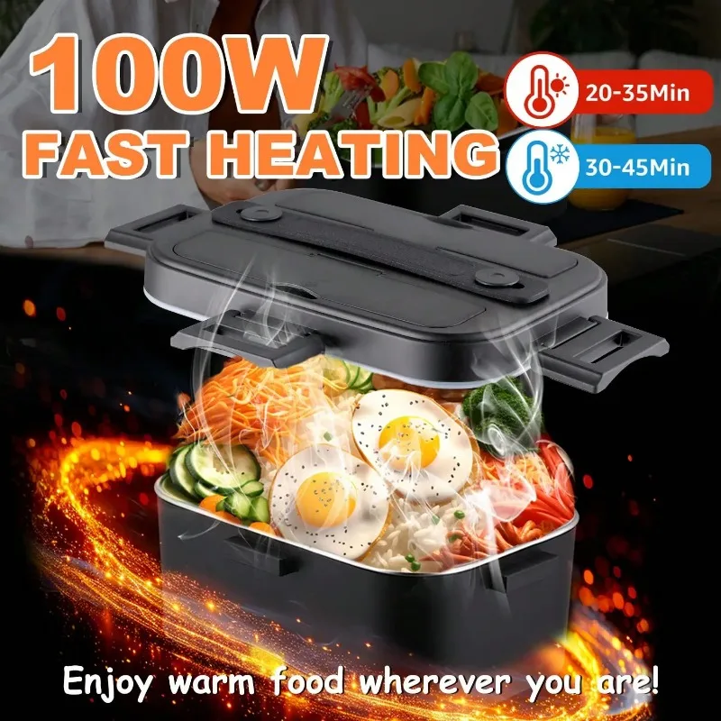 100W Electric Heated Lunch Box, 1.8L 304 Stainless Steel Food Warmer, 12V/24V/110V Dual Use for Car & Home, Portable Leakproof Heating Lunch Container with Insulated Bag for Truck, Office, Travel view 7