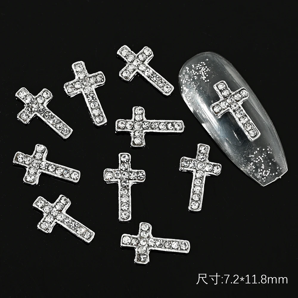10 Stück Halloween 3D Metalllegierung Silber Kreuz Nagel Charms Glitzer Diamant Kreuz Nail Art Silber Klassisches Kreuz Maniküre Zubehör
