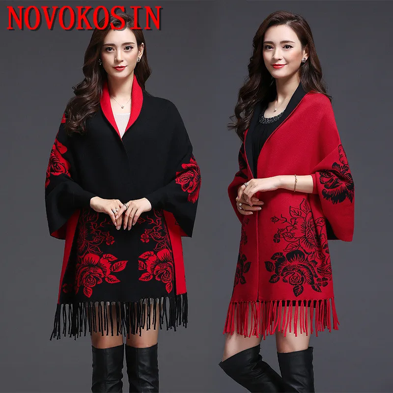 

10 Colors Oversize Thick Outstreet Coat Autumn Printed Floral Poncho Women Tassel Cardigan Long Batwing Sleeves Loose Capes