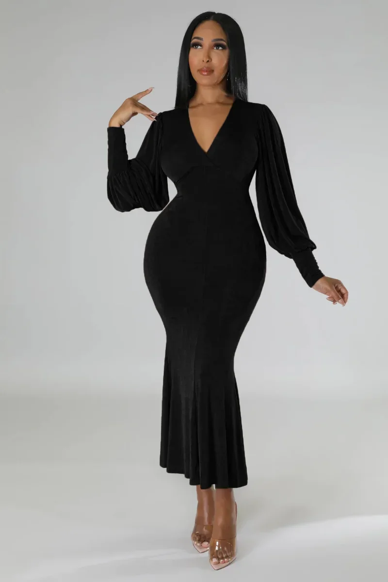 

KEXU Elegant Women Lantern Long Sleeve Wrap V-neck Ruffles Hem Bodycon Midi Dress Sexy Party Evening Prom Dresses Vestidos