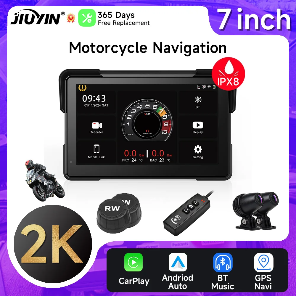 JIUYIN 7 Inch Motorcycle Navigation GPS Wireless Apple Carplay Android Auto IPX8 Waterproof Motorcycle BT Touch Screen Display