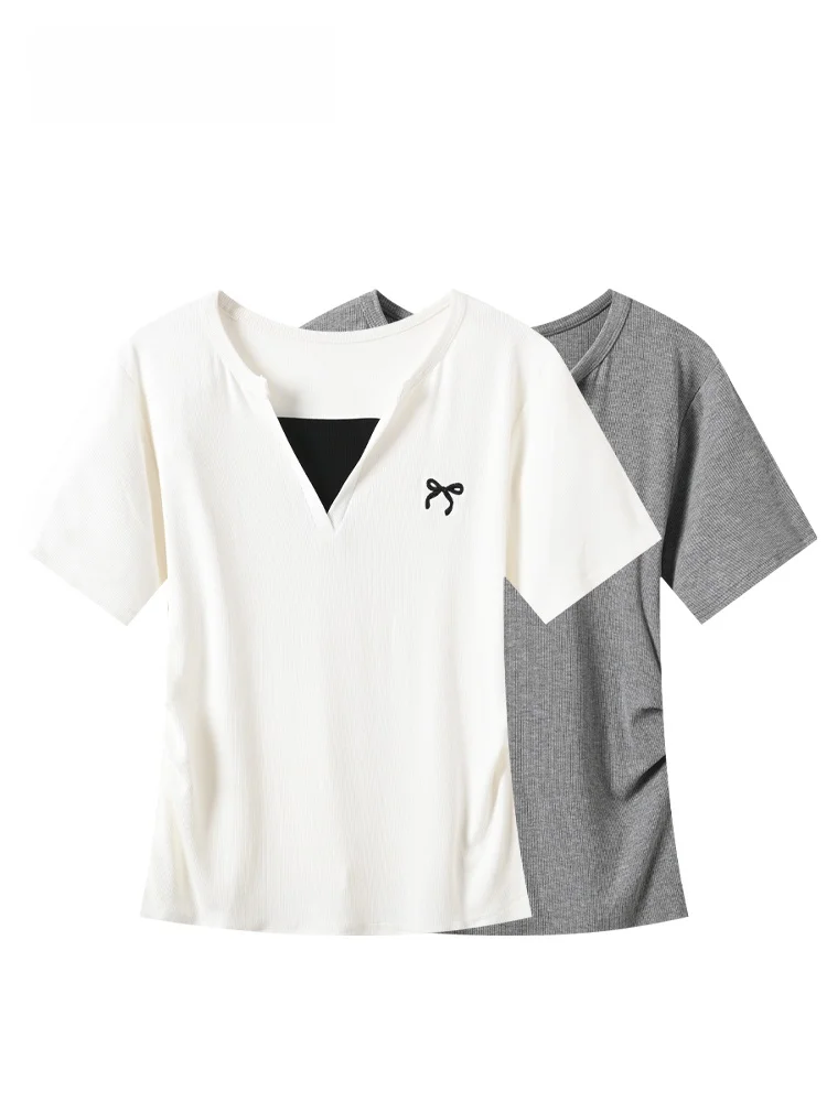 

Summer New plus Size Women's T-shirt Short Sleeve Casual Shoulder Banded Patchwork Trendy Cotton V-neck Knot