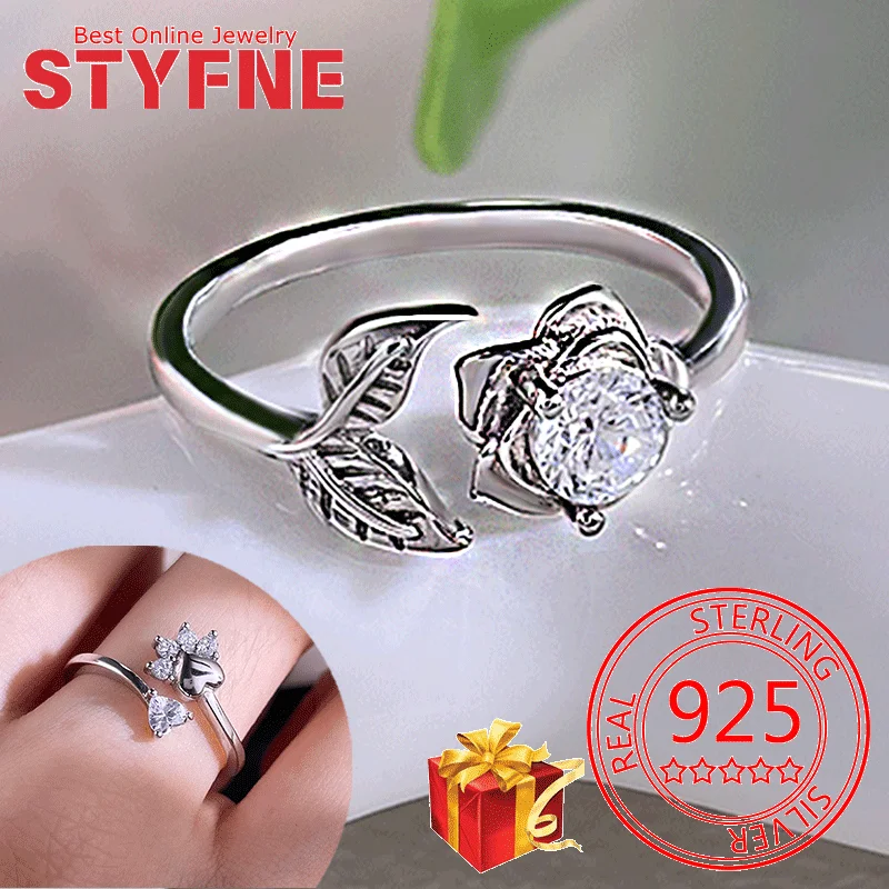 

Real 925 Sterling Silver Leaf Rose CZ Finger Rings Adjustable Ring For Women Wedding Jewelry Gifts with GIFT BOX ﻿