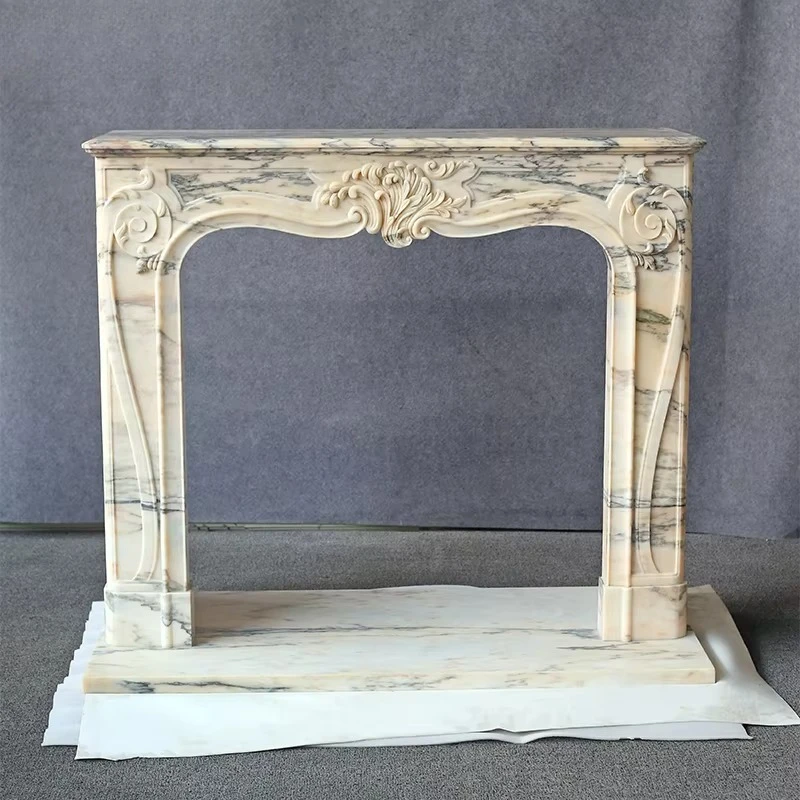 Royal Style Modern Natural Smoky Pink Marble Fireplace Surround Mantel with Hand Artistic Engraving for Villa Home Decor