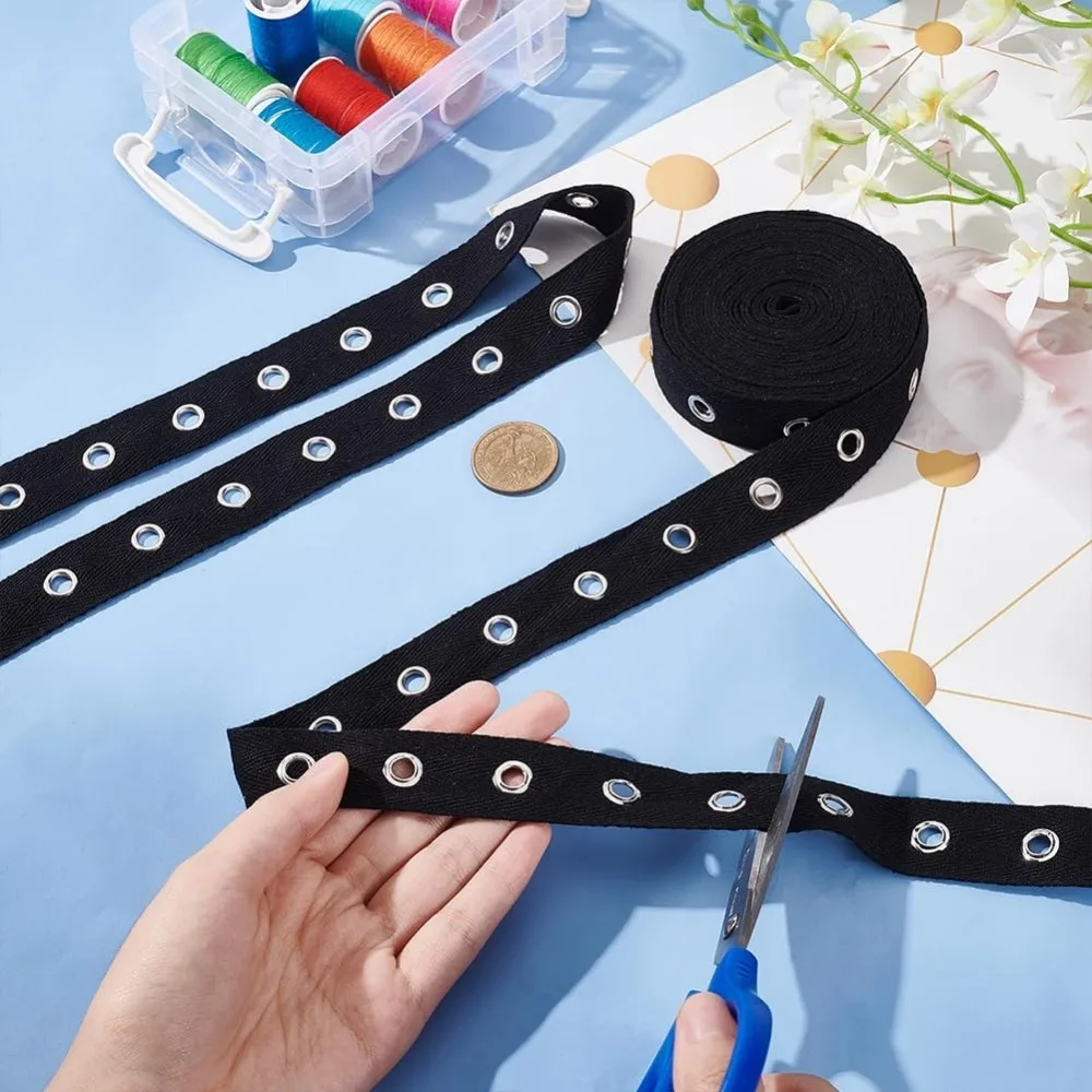 1Set 6.25 Yards Cotton Grommet Tape Eyelet Tape 1inch Wide Black Eyelet Grommet Tape Twill Tape with Silver Eyelet for Sewing