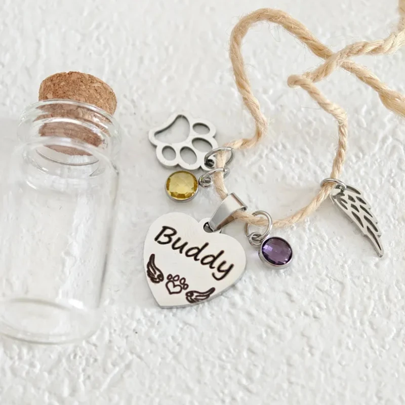 تخصيص الزجاج المحفور زجاجة الحيوانات الأليفة الشعر تذكارية عيد ميلاد حجر الحب قلادة يمكن شغلها مع شعر الحيوانات الأليفة والأسنان والرماد