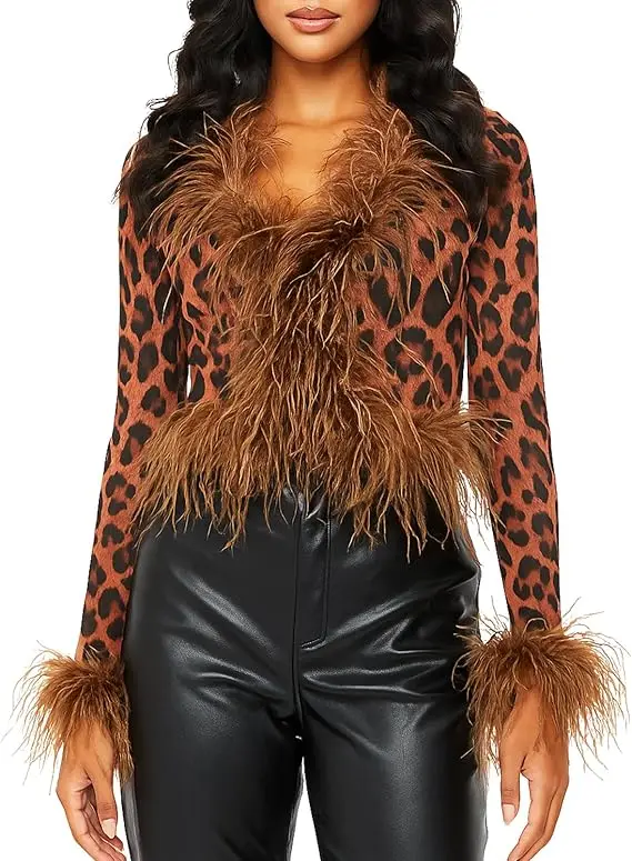 Women See-Through Top with Real Ostrich Feather Brown Black Cropped Jacket Top Bolero 240711