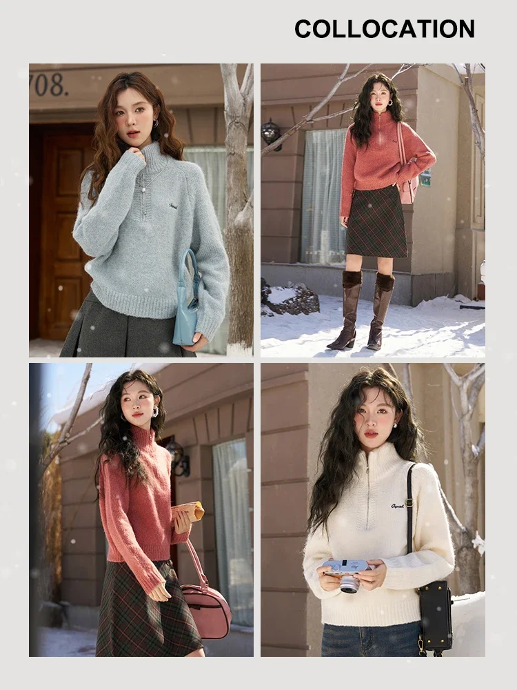 MISHOW Autumn Winter Mock Neck Sweaters for Women New Korean Loose Half Zip Sweater Pullover Knitted Jumpers Top MXC55Z0418