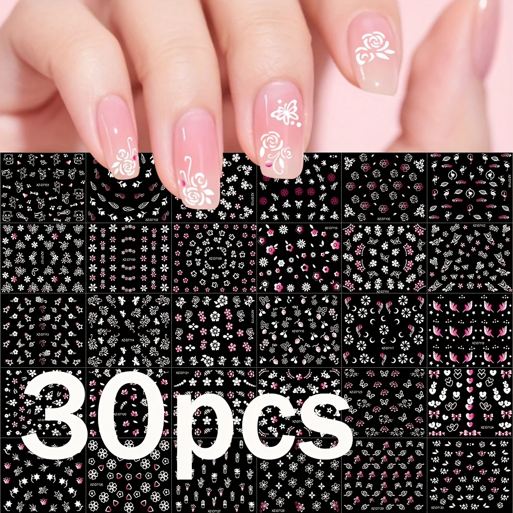30 pegatinas de manicura rosas y blancas sin repetir, calcomanías para uñas con patrones surtidos, arte floral