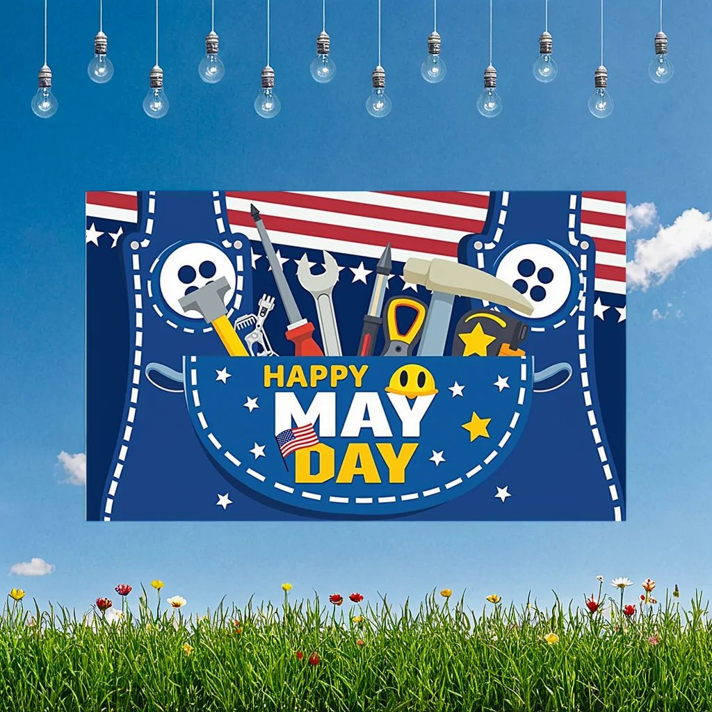 لافتة يوم العمال بخلفية زرقاء، لافتة يوم سعيد، لافتة احتفال بالولايات المتحدة الأمريكية لحدث حفلات الاحتفال بعيد العمال