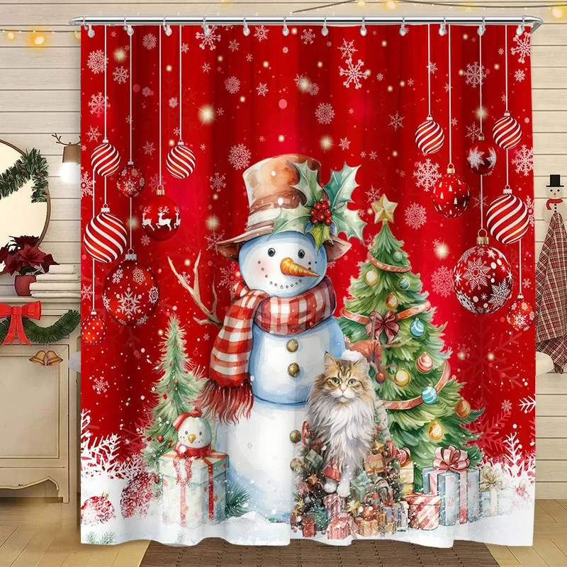 

Christmas Shower Curtain Santa Claus Christmas Tree Cat Dog Winter Snowy Snowflake Home Polyester Fabric Bathroom Decor Curtains