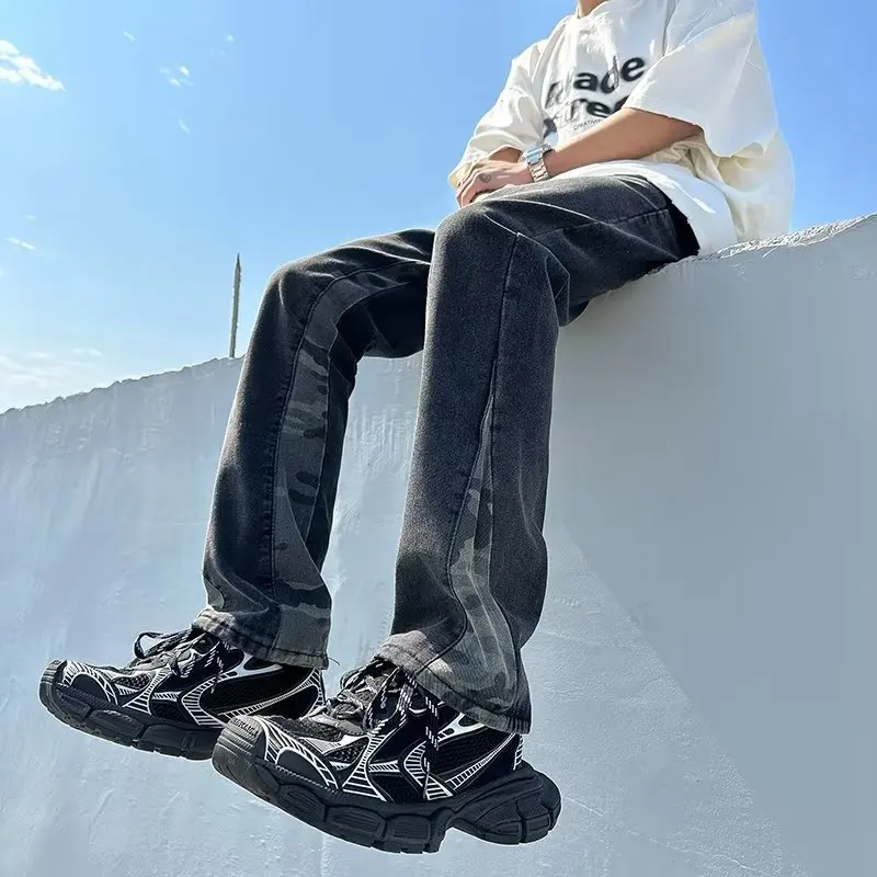 

Мужские повседневные джинсы прямого кроя больших размеров на осень-зиму, модные брендовые свободные джинсы с камуфляжными вставками в американском стиле, стильные