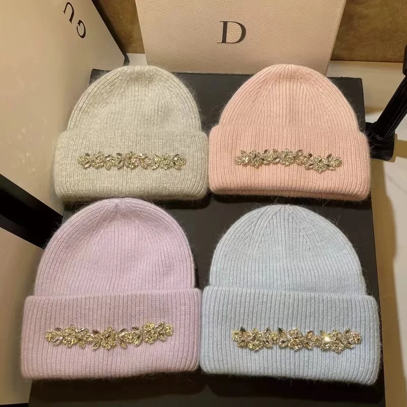 2024New Fashion Women Winter Hat Real Rabbit Fur Knitted Beanie Caps Diamonds Flower Lady Casual Hats Warm Wool Skullies Beanies