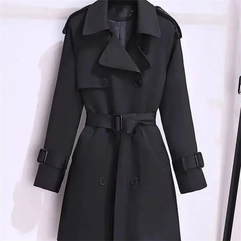 

Women's Trench Coats New Spring Autumn High-end Mid-length Slim Outerwear Double-breasted Belt Long Sleeves Windbreaker