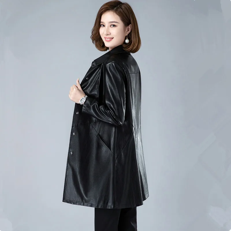 UHYTGF Quality Sheepskin Autumn Leather Jacket Women Mid-Length 5XL Loose Size Coat Elegant Female Leather Trench Outerwear 2345