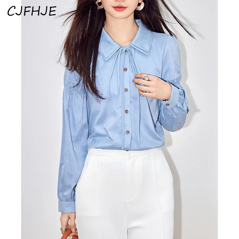 CJFHJE French Fashion Blue Women's Long Sleeved Shirt New Spring Korean Classic Casual Doll Neck Women Loose Fitting Shirt Top