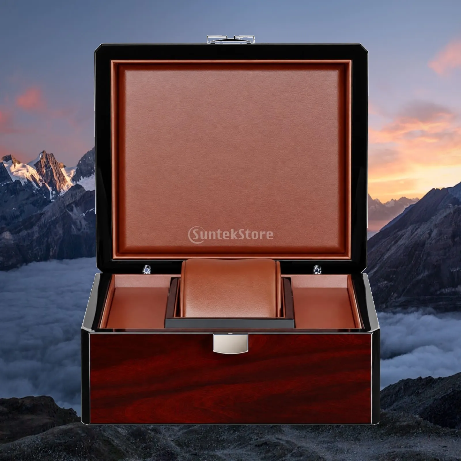 Wooden Jewelry and Watch Storage Box Glossy Wooden Watch Box with Padded Cushion Compact Velvet Lined for Dresser, Desktop