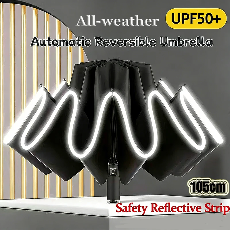 Ombrello antivento forte con striscia riflettente Ombrello pieghevole automatico inverso Ombrello UV Isolamento Ombrellone portatile