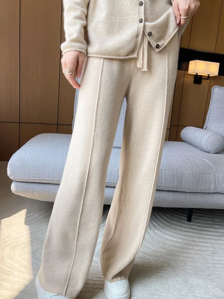 Women Wool Wide Leg Pants 100% Merino Wool Knitted Elastic Waist Casual Vintage Trousers Thick Warm Autumn Winter Comfortable