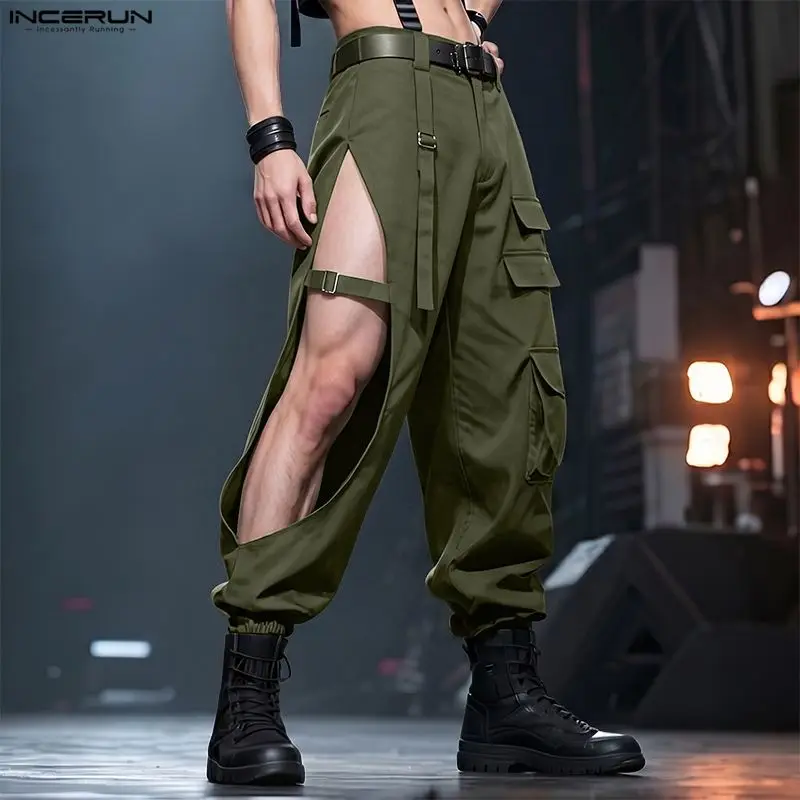INCERUN Herrenhose, einfarbig, mit Knöpfen, ausgehöhlt, modische Cargohose für Herren, Streetwear, Jogger, 2026, modische Freizeithose, Pantalones