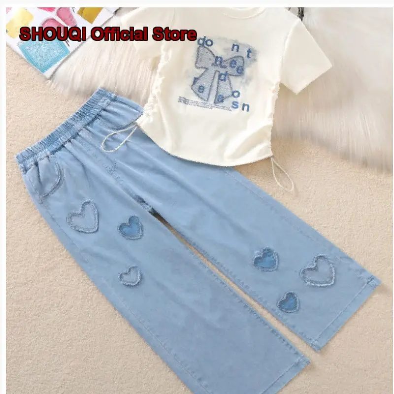 girls-two-piece-set-kids-summer-stylish-short-sleeve-t-shirt-lyocell-wide-leg-pants-younger-kids-short-sleeves