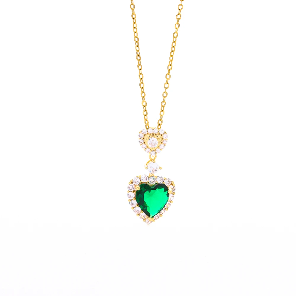 New In Vintage Green Zircon Crystal Heart Pendant Stainless Steel Necklaces For Women Trendy Retro Female Clavicle Chain Jewelry