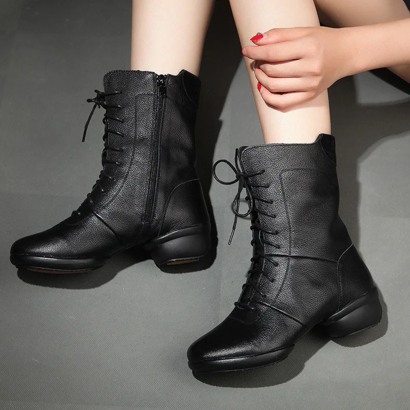 Botas de baile de piel de vaca con suela suave para mujer, botas de baile cuadradas de baile moderno, aumento de altura, Otoño e Invierno