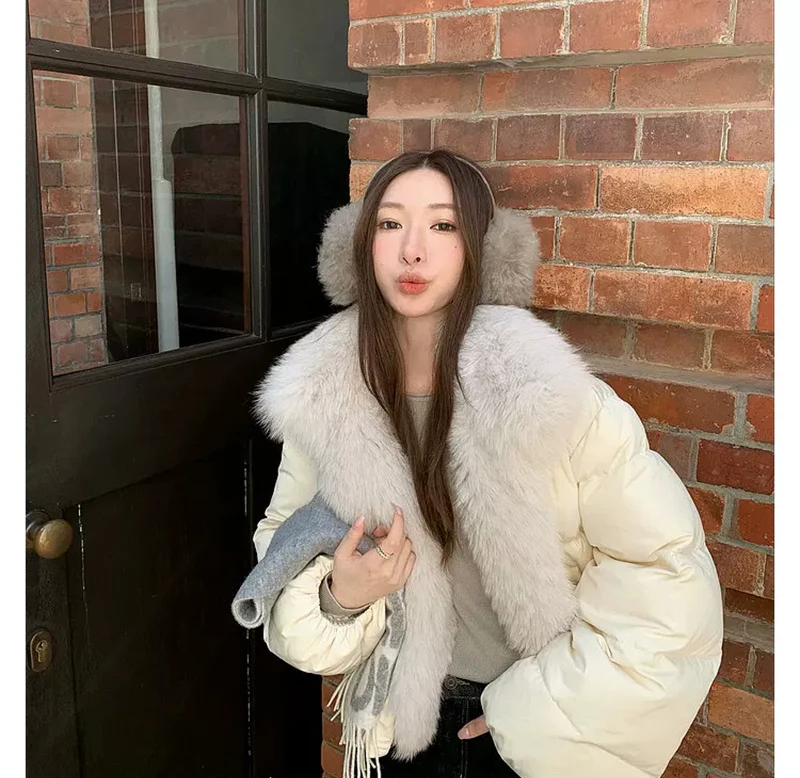 ZAROY Women's Winter Jacket Luxury Fox Fur Collar Puffy Thicken Warm Cotton Short Coat High Street Fashion Outwear Parkas куртка