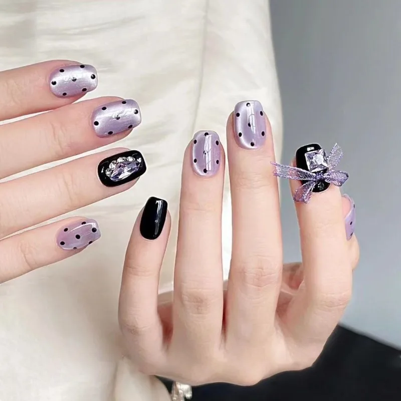 

Набор накладных ногтей ручной работы из акрила, короткие, черные, фиолетовые, со стразами, съемные, с коробкой и инструментами