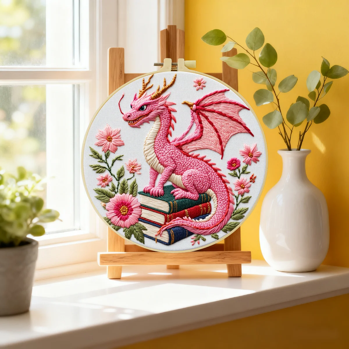 1 Stück 20X20CM/15X15CM 7,87/6,3 Zoll Rosa Dinosaurier-Tasche Stickerei-Starter-Kit DIY-Kit DIY-Stickerei-Set Handarbeiten Nähkunst – Detail 3
