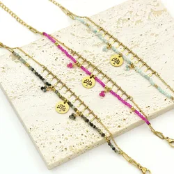 National Style Life Tree Pendant Double-layer Natural Stone Beads Bracelet Stainless Steel Gold-plated Color-preserving Jewelry