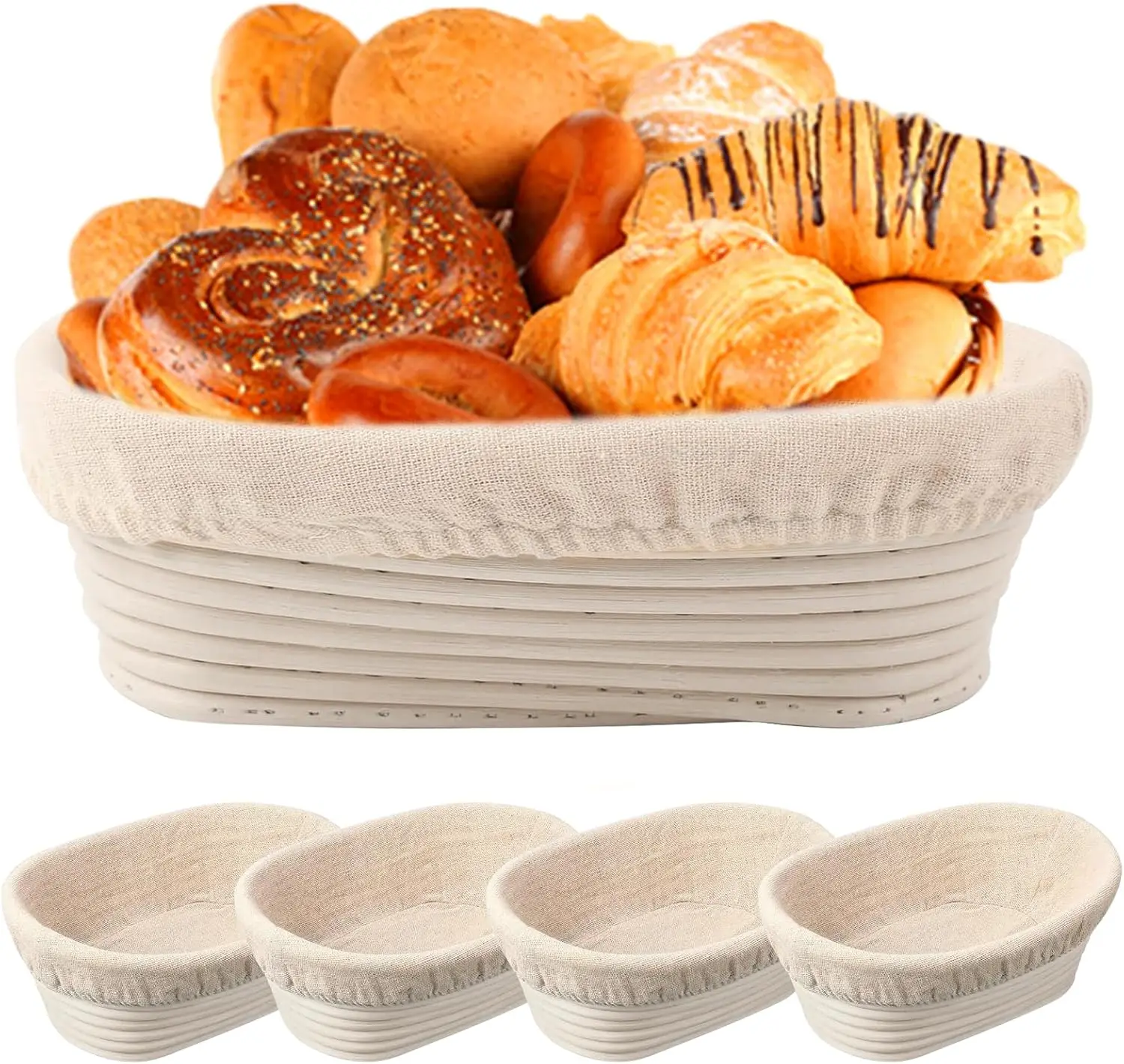 

4-Pack Oval Rattan Bread Proofing Baskets with Linen Liners, 10 Inch Set for Sourdough Baking