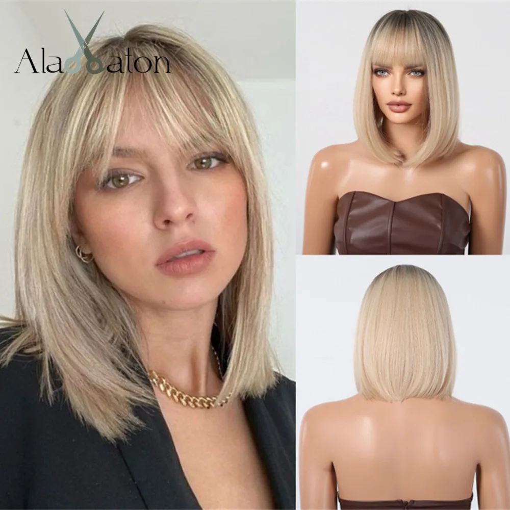 ALAN EATON Short Blonde Bob Synthetic Wigs with Bangs Natural Ombre Dark Roots Hair Wig for Daily Use Heat Resistant Fiber Wig