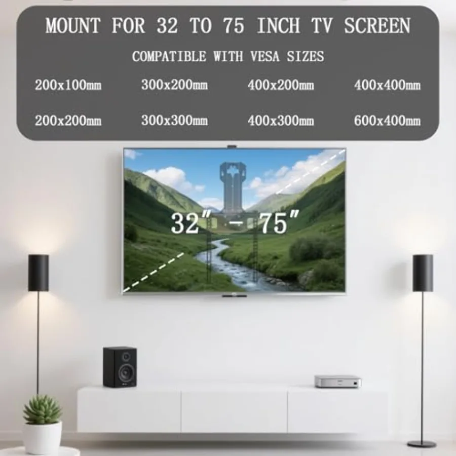 حامل تلفزيون على الحائط بمدفأة بمحرك لشاشات 32 إلى 75 بوصة حتى 88 رطلاً مع ميزة منسدل قابلة للتعديل للارتفاع مثالية ليفين