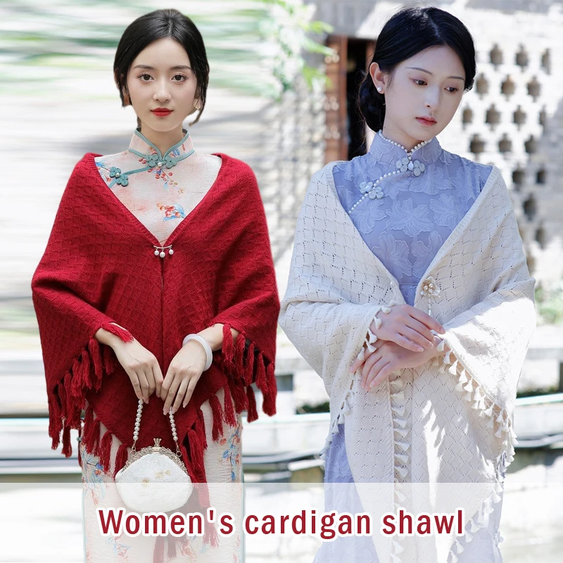 

Women Spring Autumn Elegant Knitted Shawl Scarf China Style Cheongsam Shawl Cloak Retro Literature Tassel Wraps Capes Poncho