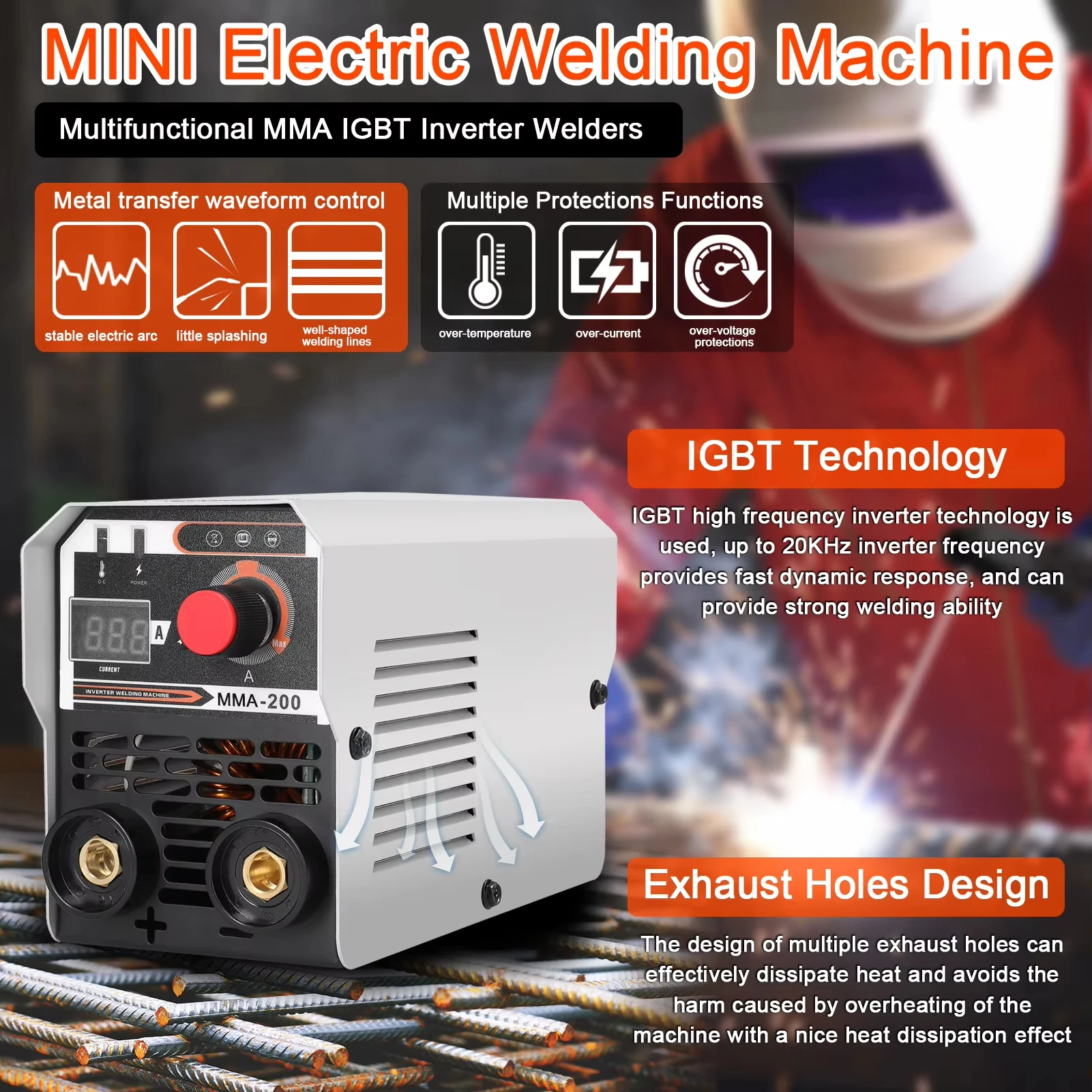 MMA-200 Mig Mag Schweißgerät IGBT DC Inverter Automatische Drahtzuführung Gasloses Lichtbogenschweißgerät Tragbare Elektrische Schweißausrüstung für Stahl-, Kupfer- und Aluminiumschweißen
