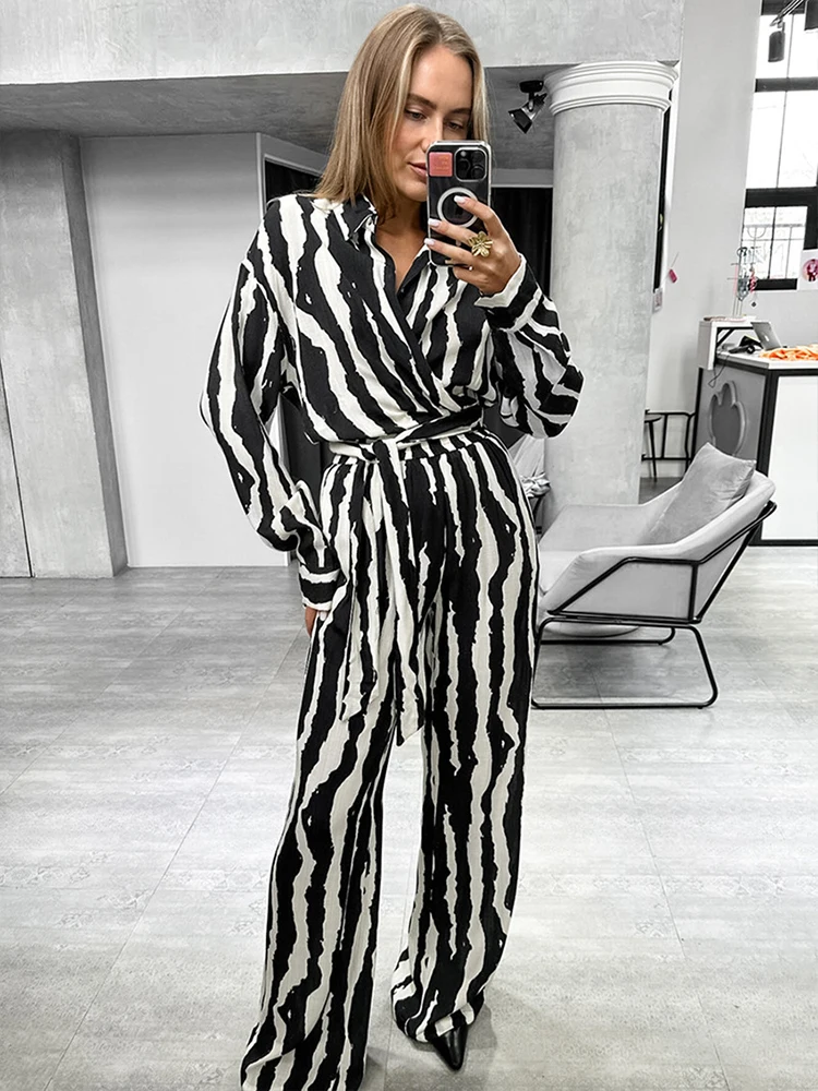 Mumaroho 2024 Women Autumn Winter Holiday Striped Pant Set Suits Outfits Loose Long Sleeve 2 Two Piece Matching Suit For Women