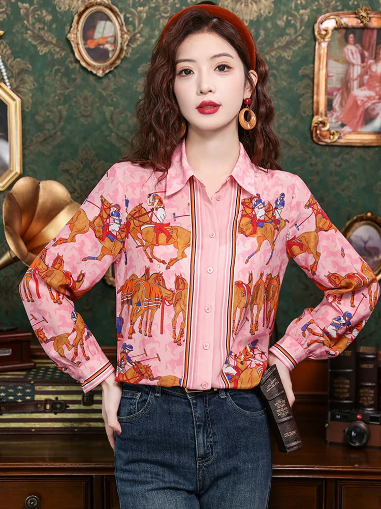 #3134 Spring Pink Printed Satin Shirt Women Turn-down Collar Office France Style Vintage Womens Tops And Blouses Slim Fit